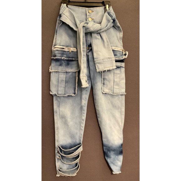 My Boo Brand Distressed High-Waisted Jeans with Tie Belt Size Small Cargo Pocket - Picture 1 of 8